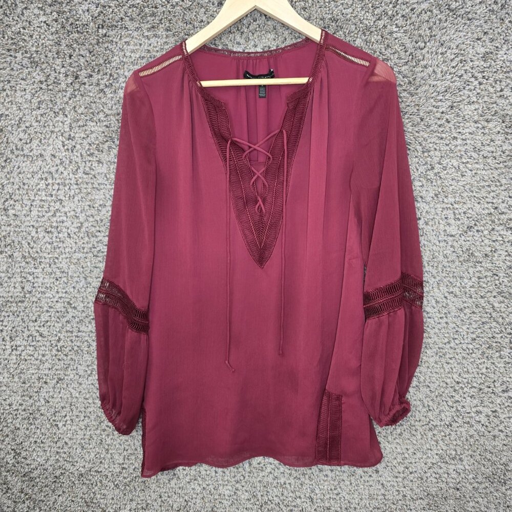 White House Black Market Top Womens Small Maroon V Neck Peasant Blouse Neck Tie